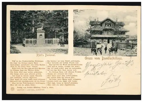 AK Gruss vom Dambachshaus und Pfeil's Denkmal, THALE (HARZ) 11.6.1904