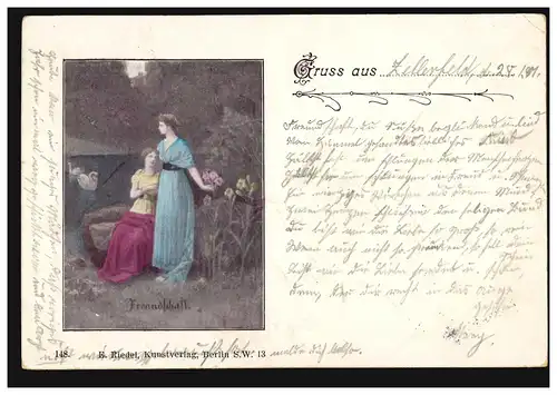 AK Gruss aus ... Freundschaft - Zwei Frauen mit Blumen, ZELLERFELD 29.1.1901