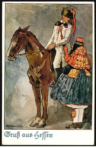 AK Gruss de Hesse: Cavalier avec femme à Tracht, SSt BAD WILDUNGEN 6.6.1924