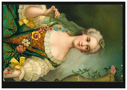 Mode AK femme en robe de fête verte avec guirlande fleurie, édition L. & B., non utilisé
