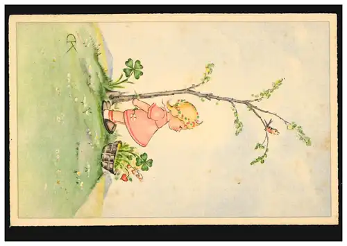 Künstler-AK Singendes Mädchen und singender Vogel, HACO Fisch Symbol ungebraucht