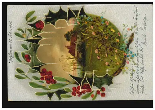 Künstler-Silberseidenkarte Landschaftsbild im Blumenoval, WETZLAR 21.2.01