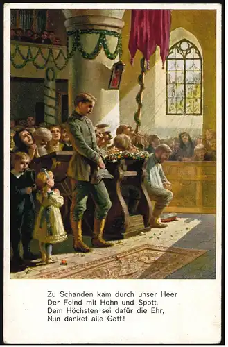 Künstler-AK Gottesdienst - Gedenken der Gefallenen mit Gedicht, ungebraucht