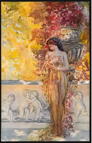 Artiste AK Art Nouveau Arts fruits en or - Nymphe avec enfants, inutilisé