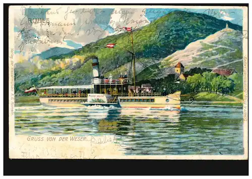 AK Gruss von von der Weser - Raddampfer Graf Moltke, HOLZMINDEN 3.5.1914