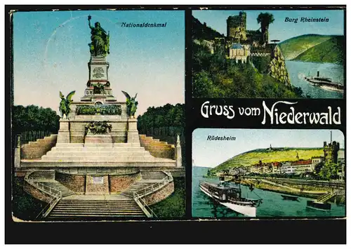 AK Gruss vom Niederwald, 3 Bilder, SSt RÜDESHEIM Bergbahn 27.5.1929