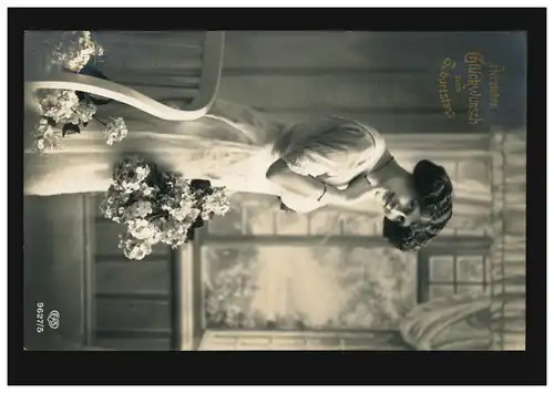 AK mode anniversaire femme en robe blanche avec des fleurs, CHEMNITZ 4 a 14.7.1914