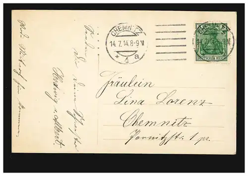 AK mode anniversaire femme en robe blanche avec des fleurs, CHEMNITZ 4 a 14.7.1914