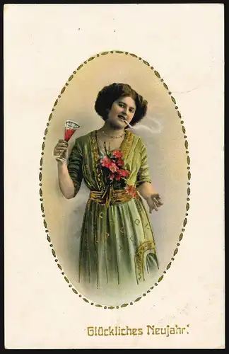 Mode-AK Fumer femme en robe verte avec verre de champagne, mitterich 31.12.1913