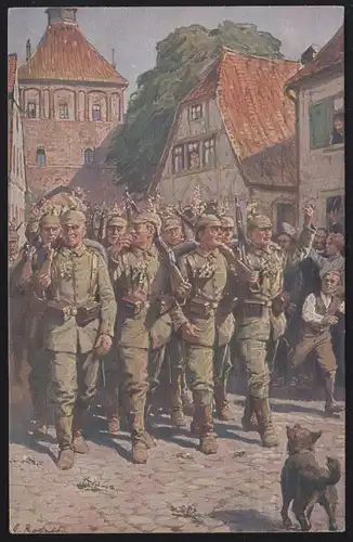 Militaria-AK A. Roloff: Ausmarsch, Wofa-Karte Rotes Kreuz, Feldpost LANDAU 1916 