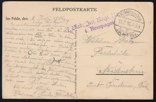 Feldpost BS 7. Badisches Infanterie-Regiment 142, 11.7.16 - AK Beine bei Reims