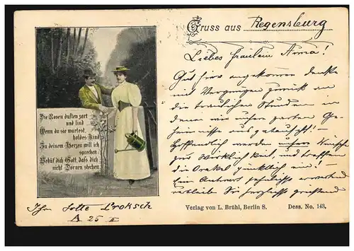 AK couple d'amour à la porte du jardin avec le poème de roses, REGENSBURG 8.7.1898