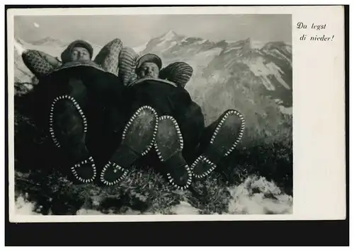 Humor-AK Ruhepause im Gebirge - Da legst di nieder!, OBERAMMERGAU 29.4.1937