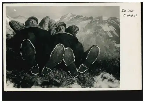 Humour-AK Pause dans la montagne - Da legt di!, OBELAMMERGAU 29.4.1937
