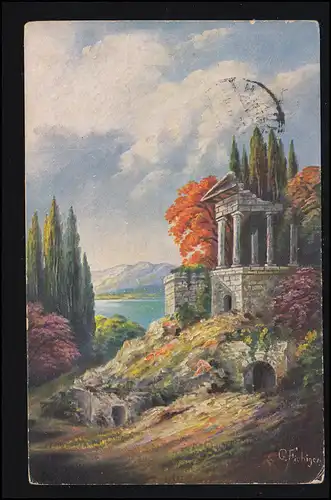 Künstler-AK G. Fiebiger: Landschaftsbild mit römischer Ruine, HÜRTH 2.9.1929
