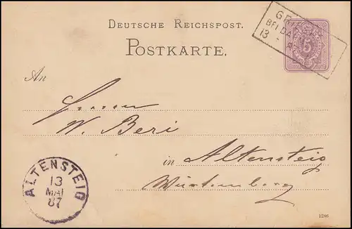 Postkarte P 12/01A Ziffer 5 Pf DV 1286 aus GRIESHEIM BEI DARMSTADT 13.5.1887
