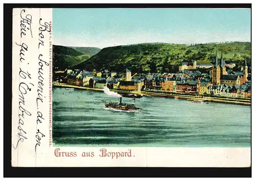 AK Gruss aus Boppard - Panorama mit Rhein und Dampfer, beschriftet 1919