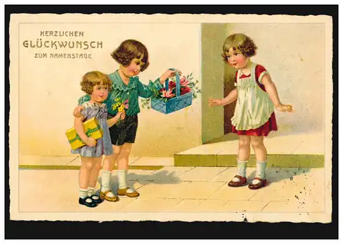 Enfants AK enfants apporter des fleurs et cadeau à l'enfant d'anniversaire, VIENNE 1.9.1931