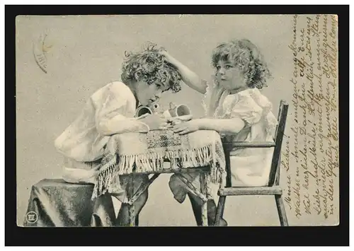 Enfants-AK Deux filles à table: Frères et sœurs ZÜRICH REPRESENTATION 17.10.1906