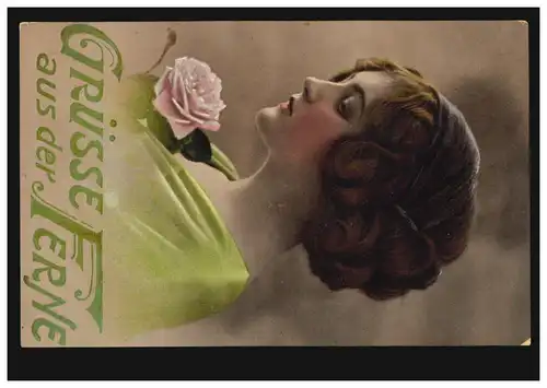 AK artiste femme en robe verte avec Rose, poste de champ INGOLSTADT 1 d 3.2.1916