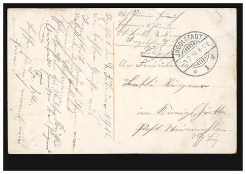 AK artiste femme en robe verte avec Rose, poste de champ INGOLSTADT 1 d 3.2.1916