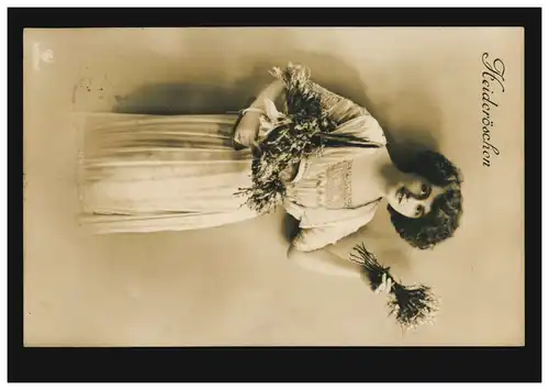 Mode-AK Heideröschen - Frau mit Blumen, ELBERFELD 2 h 9.4.1914