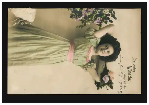 Mode AK femme en robe verte avec des roses, HASBERGEN 2.7.1918