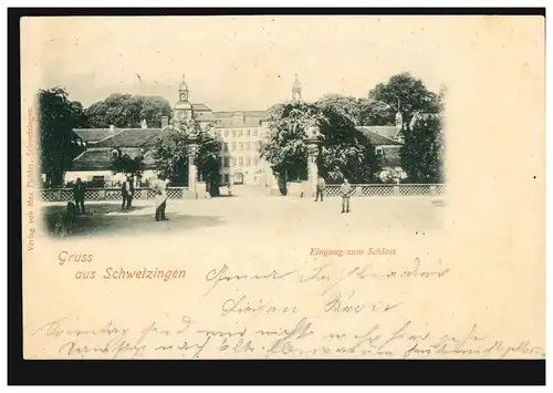 AK Gruß aus Schwetzingen: Eingang zum Schloss, 29.6.1902 nach WIESBADEN 30.6.02