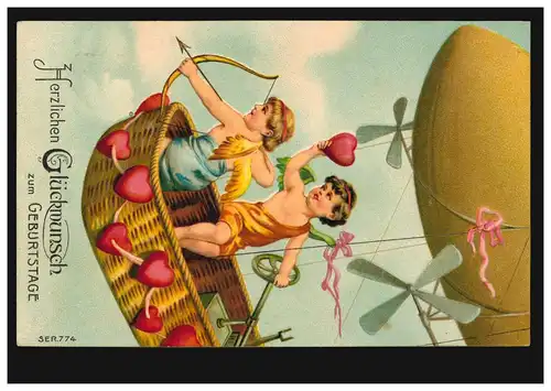 Carte de pré-conduite Ange et Amor dans le dirigeable au travail, ABENSE 15.3.1908