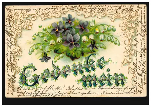 Prägekarte Gedenke mein - Maiglöckchen und Veilchen, RHEYDT 21.2.1905 nach VORST