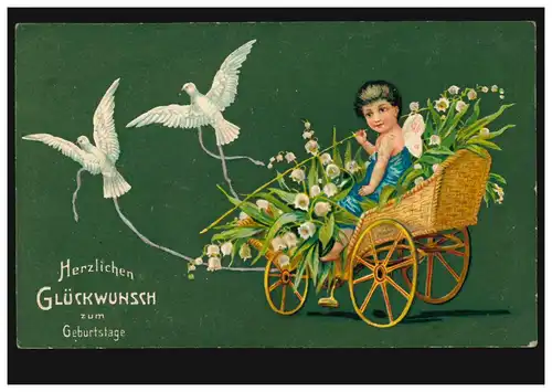 Carte d'anniversaire: Chariot avec pigeonnettes et pelles, MAISON 30.5.1909