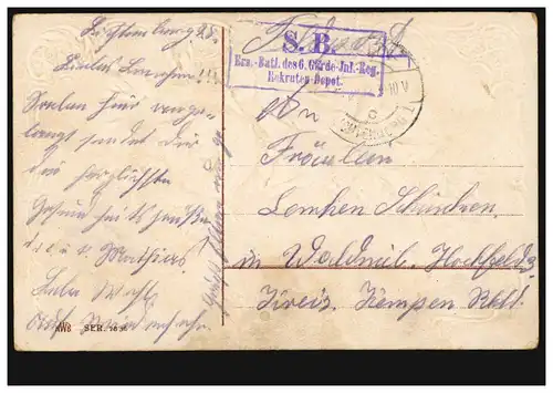 Carte de pré-remarque Mein - Roses rouges, Post 28.12.1917 BS Recrutement dépôt