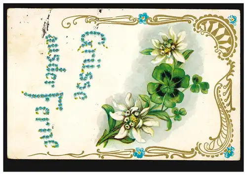 Prägekarte Grüße aus der Ferne: Glücksklee, nach KAUFBEUREN 26.7.1906