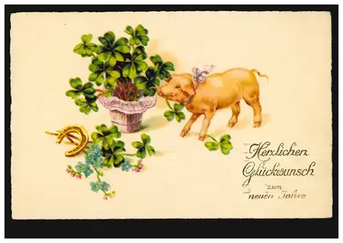 Tier-AK Neujahr: Glücksschwein Glücksklee Hufeisen Veilchen, BERLIN 31.12.25