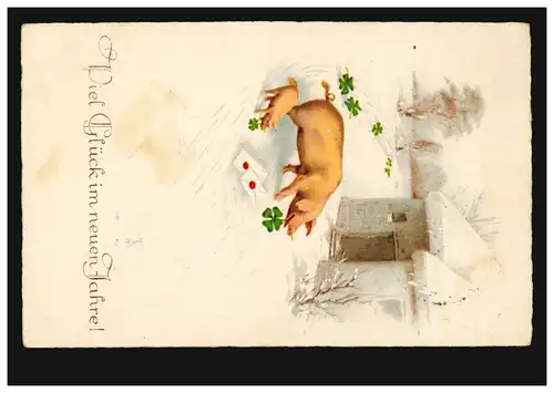 Tier-AK Neujahr: Glücksschwein mit Ferkel Glücksklee, WUPPERTAL-BARMEN 31.12.32