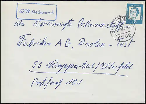 Landpost-Stempel 6209 Steckenroth auf Drucksache BAD SCHWALBACH 2.5.1963