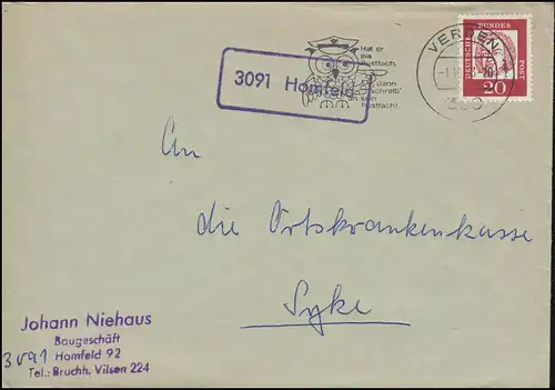 Le temple de la poste de campagne 3091 Homfeld sur lettre VERDE 1.10.1963