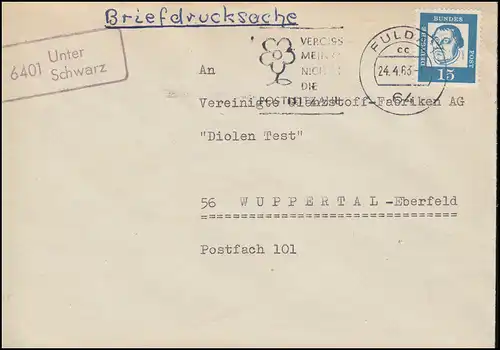 Temple de poste de campagne 6401 Sous noir sur lettre FULDA 24.4.1963