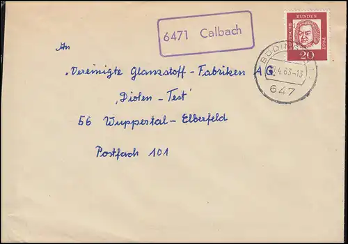 Landpost-Stempel 6471 Calbach auf Brief BÜDINGEN 30.4.1963