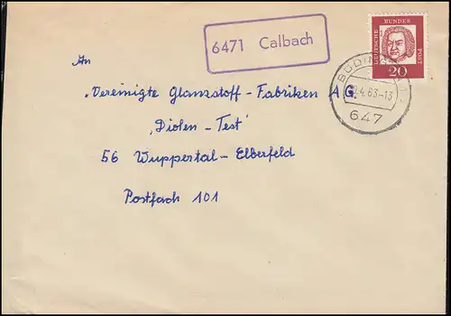 Temple de la poste de campagne 6471 Calbach sur lettre BÜDINGEN 30.4.1963