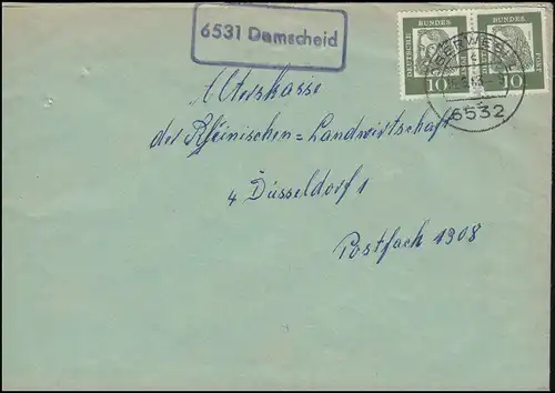 Le temple de la poste de campagne 6531 Damscheid sur lettre BERWESEL 15.5.1963