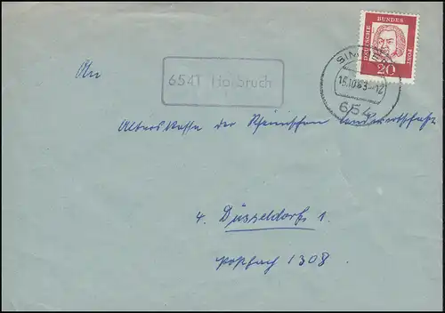 Le temple de la poste de campagne 6541 Horbruch sur lettre SIMMERN 15.10.1963 à Düsseldorf