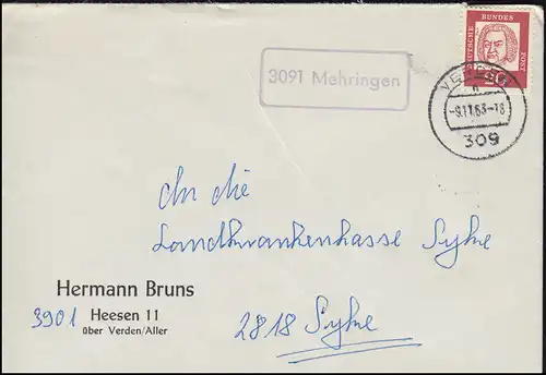 Landpost-Stempel 3091 Mehringen auf Brief VERDEN 9.11.1963