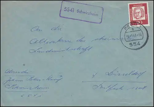 Temple de la poste de campagne 5541 Schwirzheim sur lettre PRUM 15.11.1963