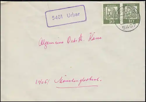 Landpost-Stempel 5401 Urbar auf Brief SANKT GOAR 3.7.1963 nach Mönchengladbach