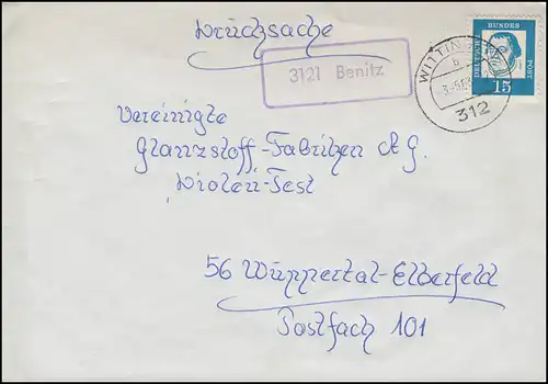 Landpost-Stempel 3121 Benitz auf Drucksache WITTINGEN 3.5.63