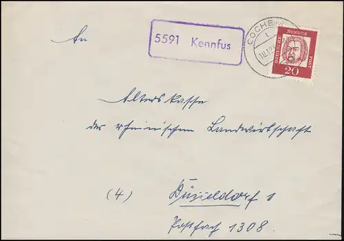 Landpost-Stempel 5591 Kennfus auf Brief COCHEM 10.12.1962 nach Düsseldorf