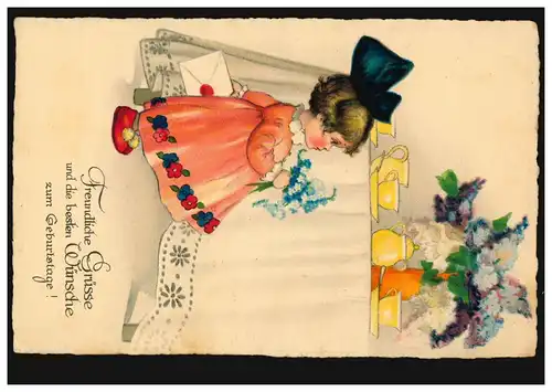 Künstler-AK Mädchen im roten Kleid Blumen Geburtstagskarte, FRANKFURT/MAIN 1935