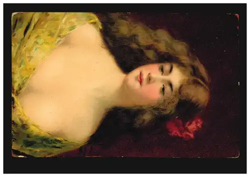 Künstler-AK Frau mit roter Blume im Haar und farbiger Stola, ungebraucht