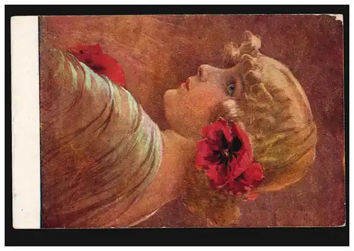 Künstler-AK Seitenansicht Frau mit roten Blumen im Haar, beschriftet